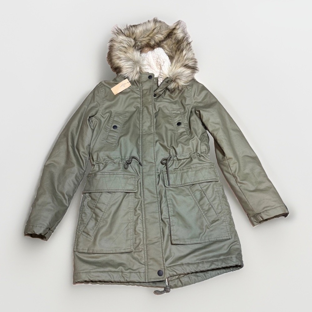 NWT American Eagle Parka Jacket XS Utility Fur Hood Olive Green Cotton Blend new